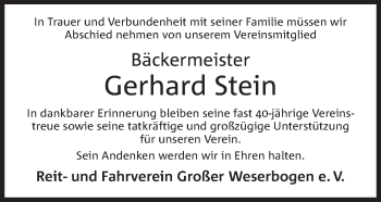 Anzeige von Gerhard Stein von Mindener Tageblatt