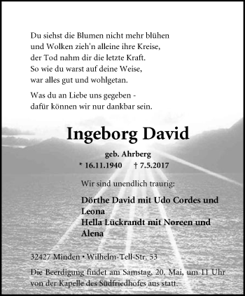 Anzeige von Ingeborg David von Mindener Tageblatt