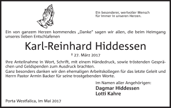 Anzeige von Karl-Reinhard Hiddessen von Mindener Tageblatt