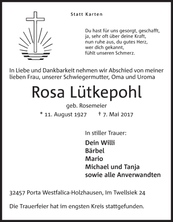 Anzeige von Rosa Lütkepohl von Mindener Tageblatt