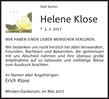 Anzeige von Helene Klose von Mindener Tageblatt