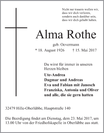 Anzeige von Alma Rothe von Mindener Tageblatt