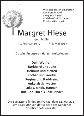 Anzeige von Margret Hiese von Mindener Tageblatt