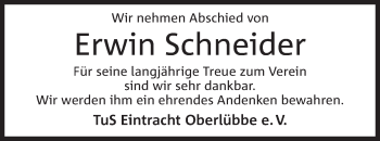 Anzeige von Erwin Schneider von Mindener Tageblatt