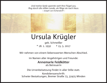 Anzeige von Ursula Krügler von Mindener Tageblatt