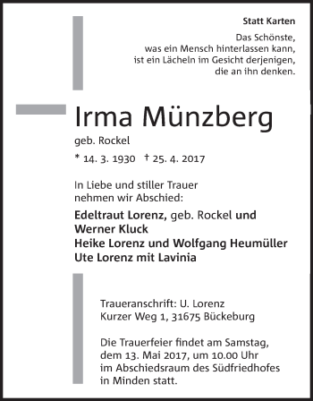 Anzeige von Irma Münzberg von Mindener Tageblatt