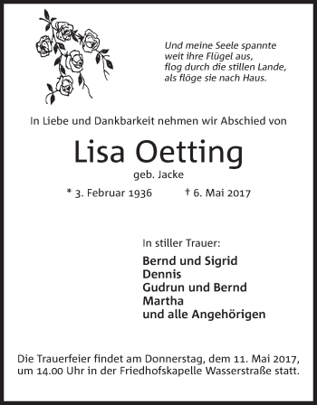 Anzeige von Lisa Oetting von Mindener Tageblatt