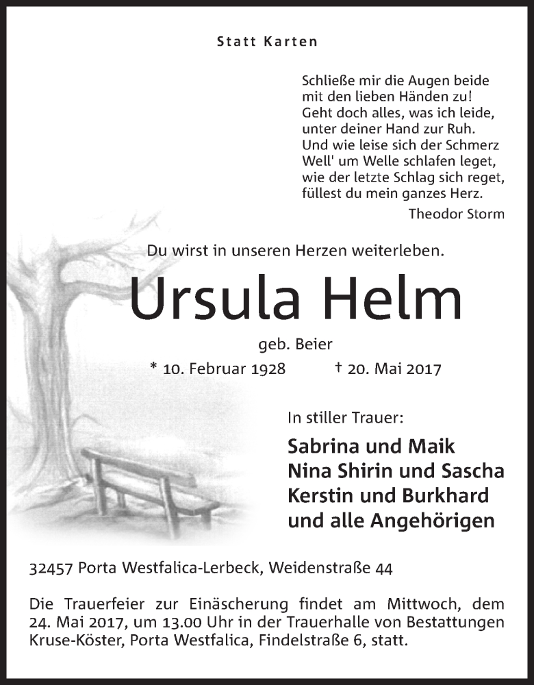  Traueranzeige für Ursula Helm vom 22.05.2017 aus Mindener Tageblatt
