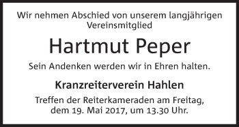 Anzeige von Hartmut Peper von Mindener Tageblatt