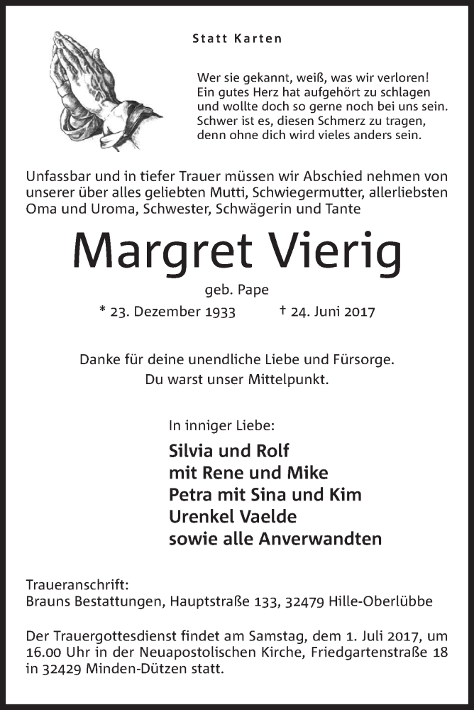  Traueranzeige für Margret Vierig vom 28.06.2017 aus Mindener Tageblatt