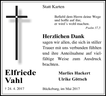 Anzeige von Elfriede Vahl von Mindener Tageblatt