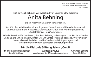 Anzeige von Anita Behning von Mindener Tageblatt