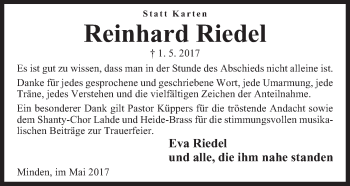 Anzeige von Reinhard Riedel von Mindener Tageblatt