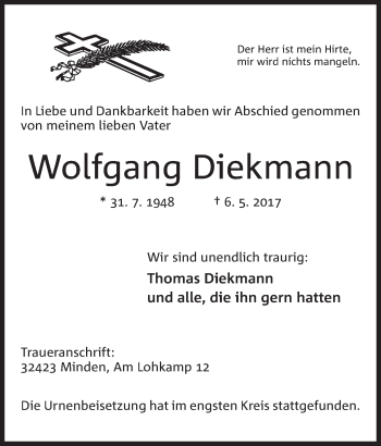 Anzeige von Wolfgang Diekmann von Mindener Tageblatt