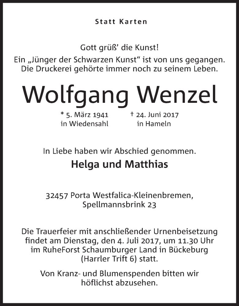  Traueranzeige für Wolfgang Wenzel vom 28.06.2017 aus Mindener Tageblatt
