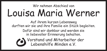 Anzeige von Louisa Maria Werner von Mindener Tageblatt
