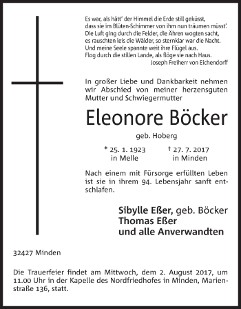 Anzeige von Eleonore Böcker von Mindener Tageblatt