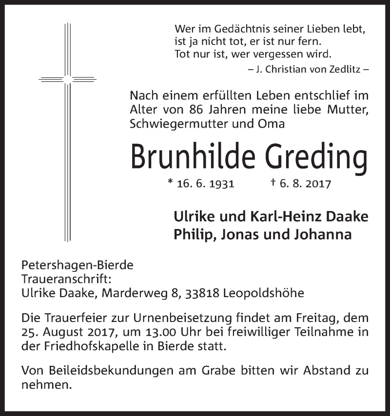  Traueranzeige für Brunhilde Greding vom 19.08.2017 aus Mindener Tageblatt