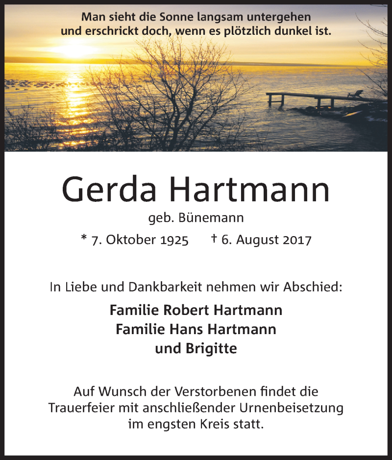  Traueranzeige für Gerda Hartmann vom 09.08.2017 aus Mindener Tageblatt
