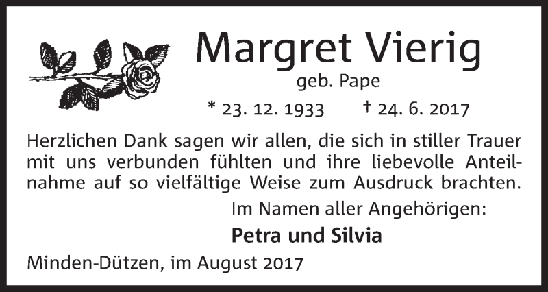  Traueranzeige für Margret Vierig vom 05.08.2017 aus Mindener Tageblatt