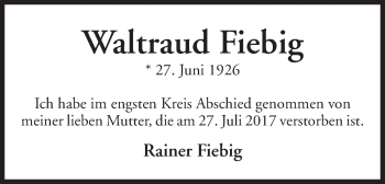 Anzeige von Waltraud Fiebig von Mindener Tageblatt