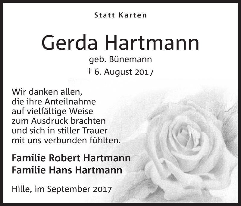  Traueranzeige für Gerda Hartmann vom 02.09.2017 aus Mindener Tageblatt