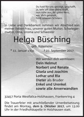 Anzeige von Helga Büsching von Mindener Tageblatt