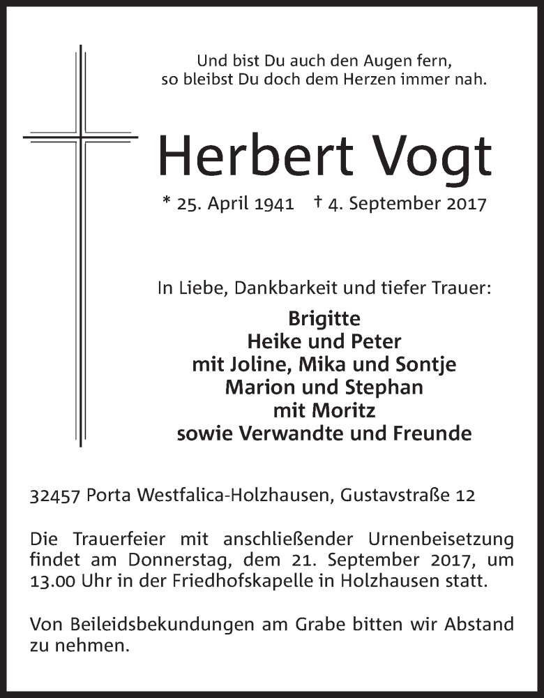  Traueranzeige für Herbert Vogt vom 16.09.2017 aus Mindener Tageblatt