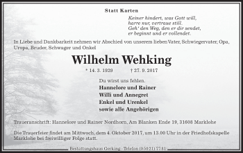 Anzeige von Wilhelm Wehking von Mindener Tageblatt