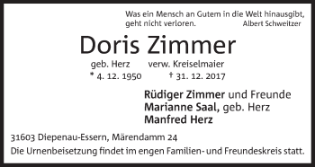 Anzeige von Doris Zimmer von Mindener Tageblatt