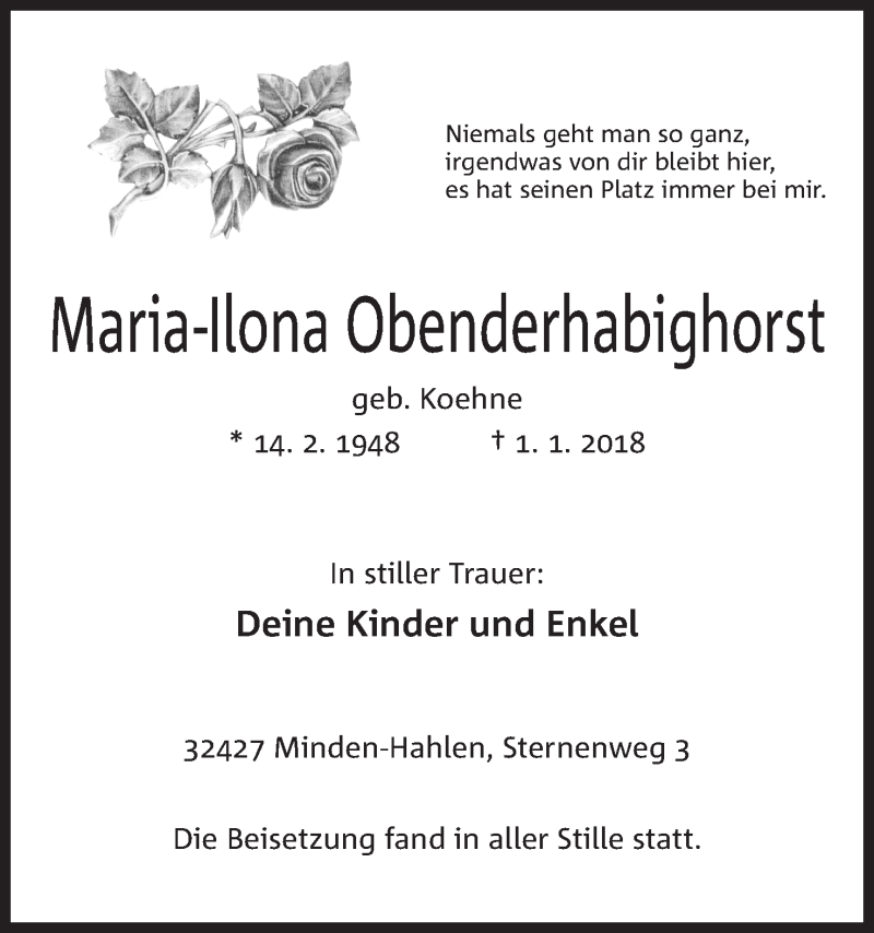  Traueranzeige für Maria-Ilona Obenderhabighorst vom 20.01.2018 aus Mindener Tageblatt