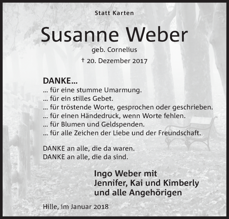  Traueranzeige für Susanne Weber vom 20.01.2018 aus Mindener Tageblatt