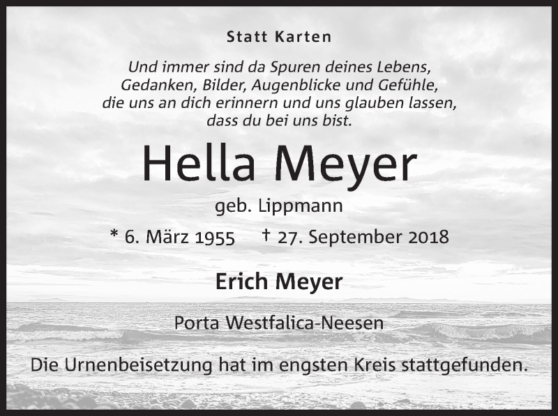  Traueranzeige für Hella Meyer vom 13.10.2018 aus Mindener Tageblatt