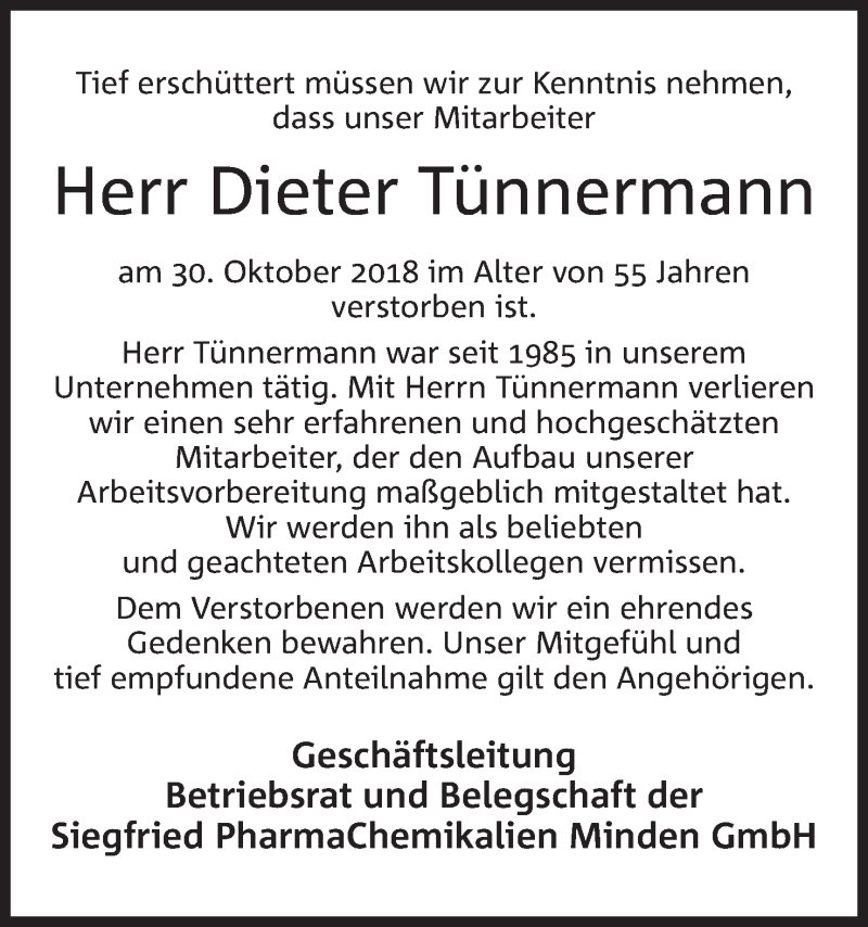  Traueranzeige für Dieter Tünnermann vom 10.11.2018 aus Mindener Tageblatt