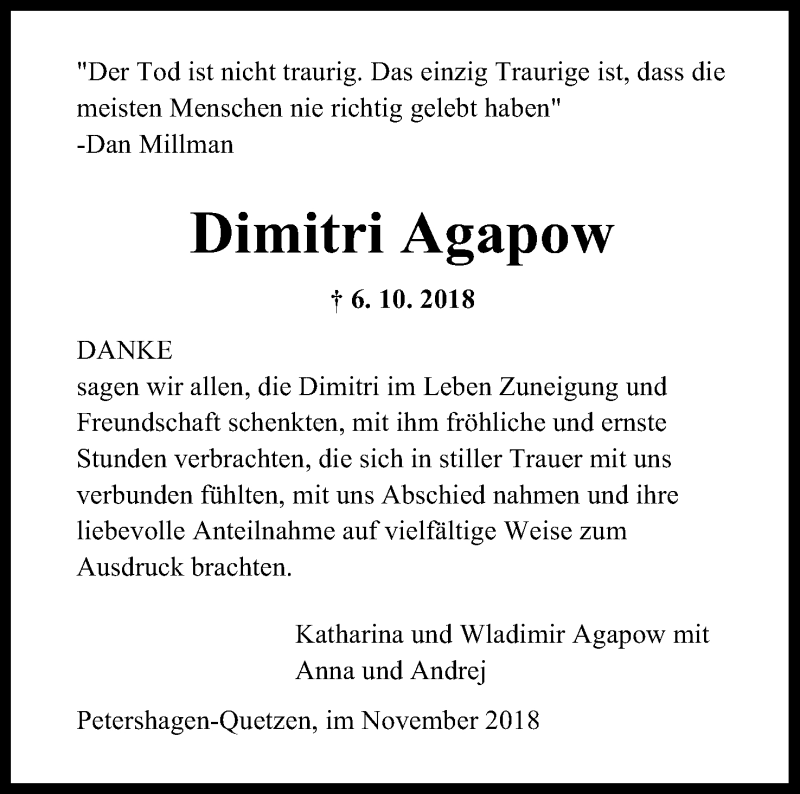  Traueranzeige für Dimitri Agapow vom 17.11.2018 aus Mindener Tageblatt