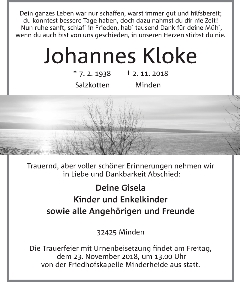  Traueranzeige für Johannes Kloke vom 05.11.2018 aus Mindener Tageblatt