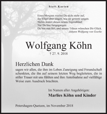 Anzeige von Wolfgang Köhn von Mindener Tageblatt