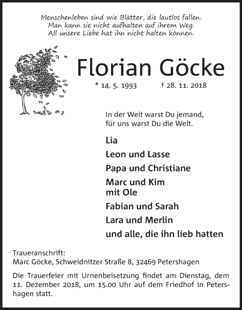  Traueranzeige für Florian Göcke vom 05.12.2018 aus Mindener Tageblatt