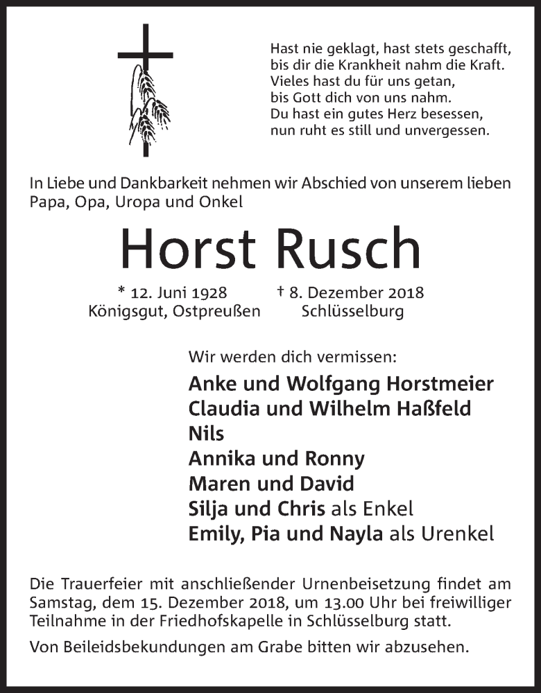  Traueranzeige für Horst Rusch vom 10.12.2018 aus Mindener Tageblatt
