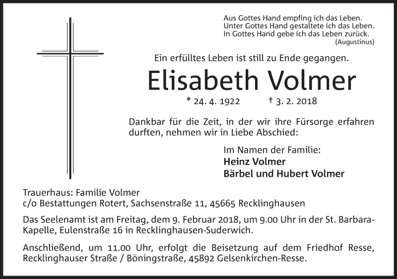 Traueranzeige für Elisabeth Volmer vom 07.02.2018 aus Mindener Tageblatt