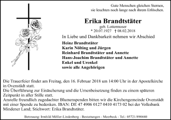 Anzeige von Erika Brandtstäter von Mindener Tageblatt