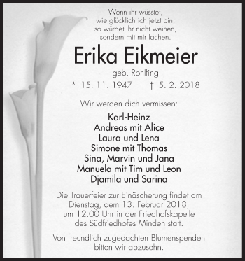 Anzeige von Erika Eikmeier von Mindener Tageblatt