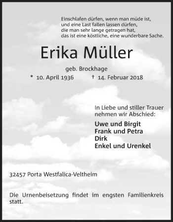Anzeige von Erika Müller von Mindener Tageblatt