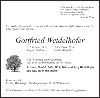 Anzeige von Gottfried Weidelhofer von Mindener Tageblatt