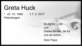 Anzeige von Greta Huck von Mindener Tageblatt
