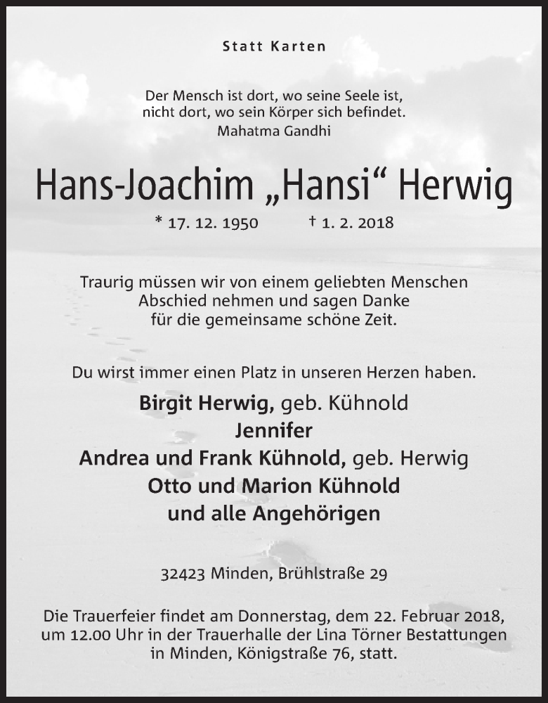  Traueranzeige für Hans-Joachim Herwig vom 17.02.2018 aus Mindener Tageblatt