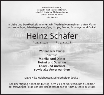 Anzeige von Heinz Schäfer von Mindener Tageblatt