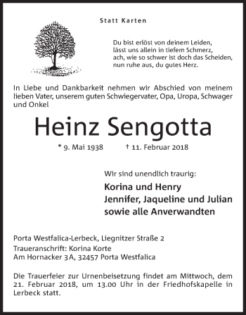 Anzeige von Heinz Sengotta von Mindener Tageblatt