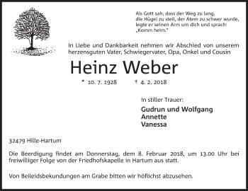 Anzeige von Heinz Weber von Mindener Tageblatt