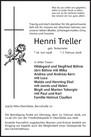 Anzeige von Henni Treller von Mindener Tageblatt